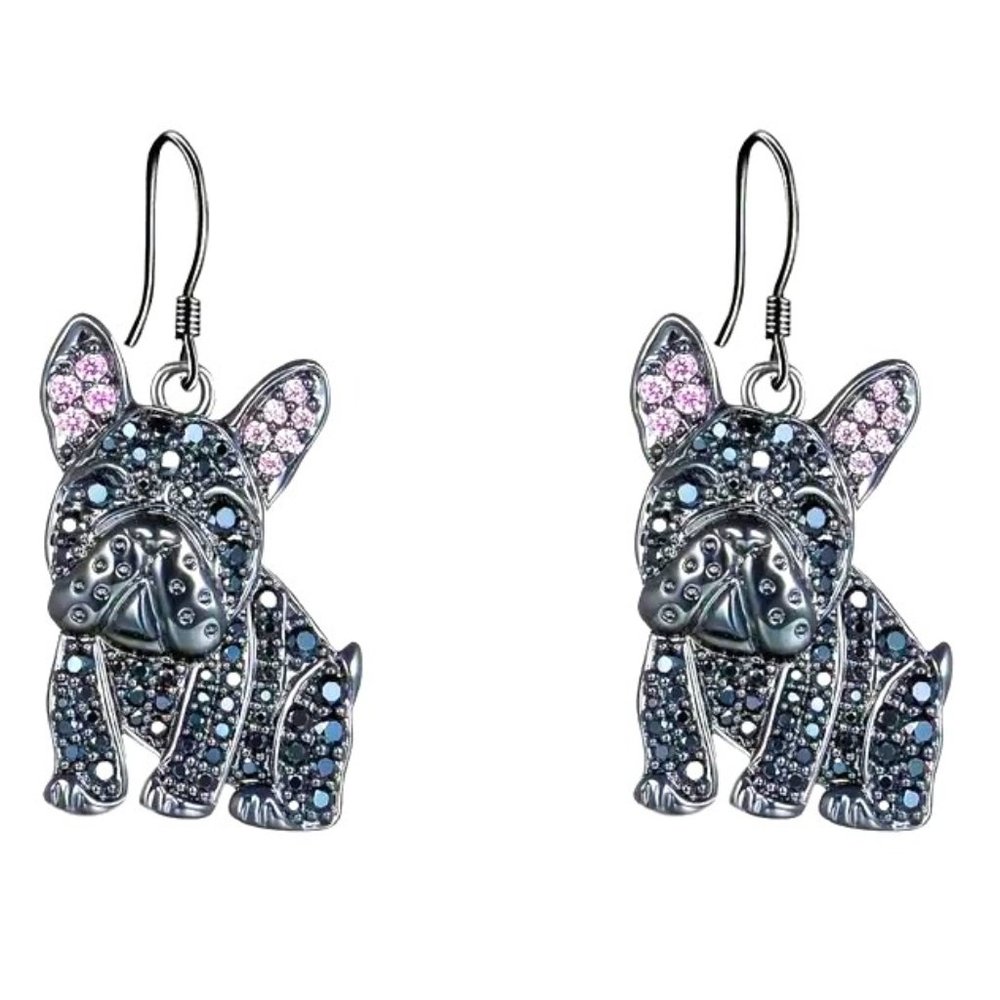 Bulldog Frenchie Earrings Rhinestone Glam Sparkly Stylish Dangle Trendy Cute Dog - Picture 5 of 5